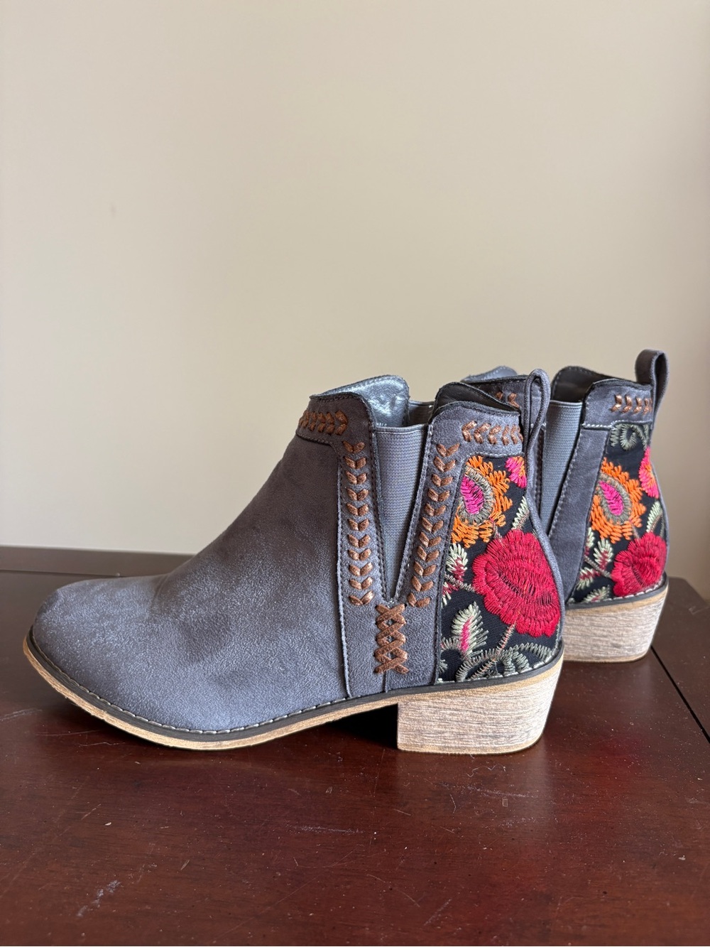 Gray Suede Ankle Booties with Floral Embroidery